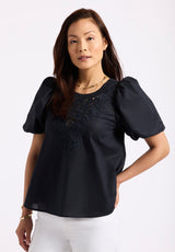Leonella Women's Puff Sleeve Embroidered Blouse, Black - WT0204P