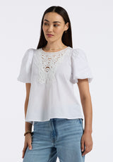 Buffalo David Bitton Leonella Women's Puff Sleeve Embroidered Blouse Color WHITE