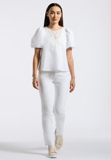 Buffalo David Bitton Leonella Women's Puff Sleeve Embroidered Blouse Color WHITE
