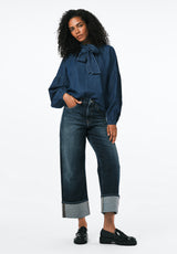 Carissa Women's Denim Blouse with Bow Neck and Voluminous Sleeves color DARK DENIM