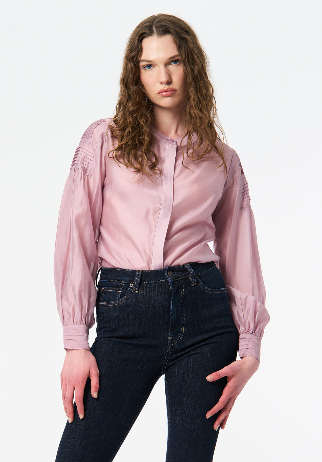 Fifi Women's Satin Blouse With Pleated Sleeve Detail, Burnished