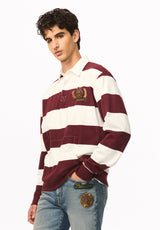 Kapeo Men's Striped Long Sleeve Rugby Polo, Red Mahogany - BM24948