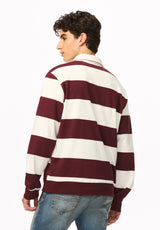 Kapeo Men's Striped Long Sleeve Rugby Polo, Red Mahogany - BM24948