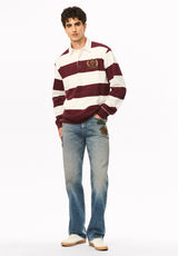 Kapeo Men's Striped Long Sleeve Rugby Polo, Red Mahogany - BM24948