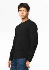 Kambo Men's Ribbed Long Sleeve Henley, Black - BM24974