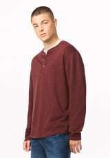 Kambo Men's Ribbed Long Sleeve Henley, Red Mahogany - BM24974