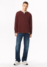 Kambo Men's Ribbed Long Sleeve Henley, Red Mahogany - BM24974