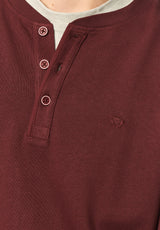 Kambo Men's Ribbed Long Sleeve Henley, Red Mahogany - BM24974