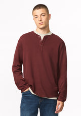 Kambo Men's Ribbed Long Sleeve Henley, Red Mahogany - BM24974