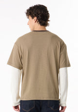 Kodan Men’s Striped Layered Long Sleeve Tee, Classique Beige - BM24995