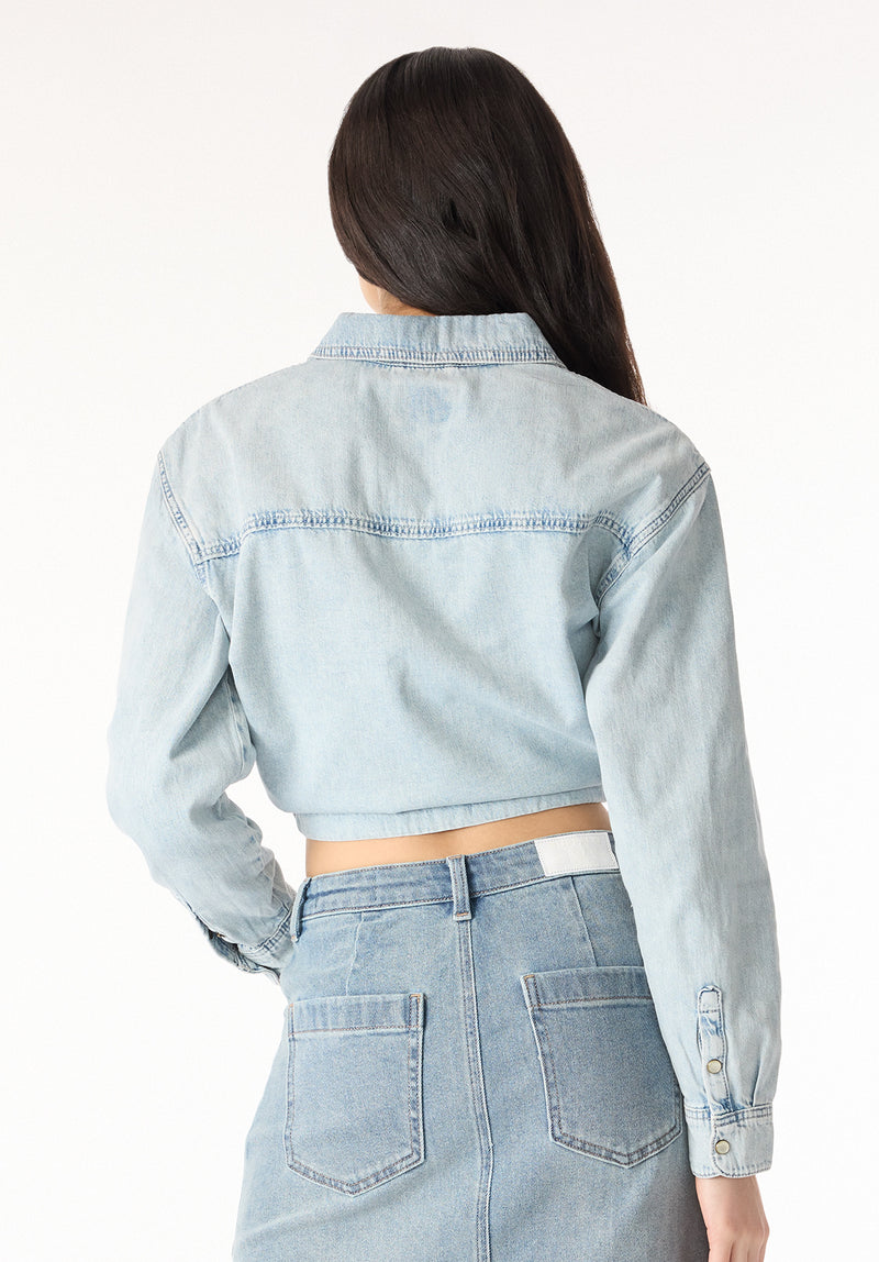 Serena Women's Long Sleeve Cropped Denim Shirt, Bleached Down