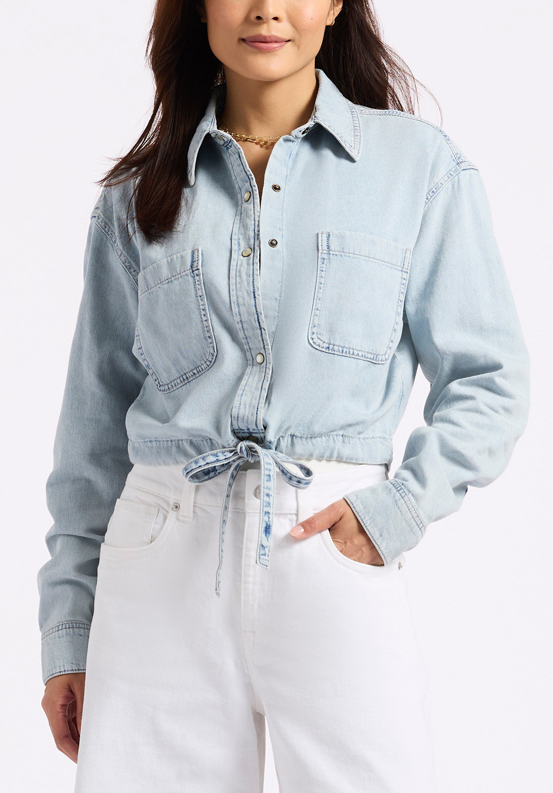 Serena Women's LongSleeve Cropped Denim Shirt, Bleached Down Blue — free download