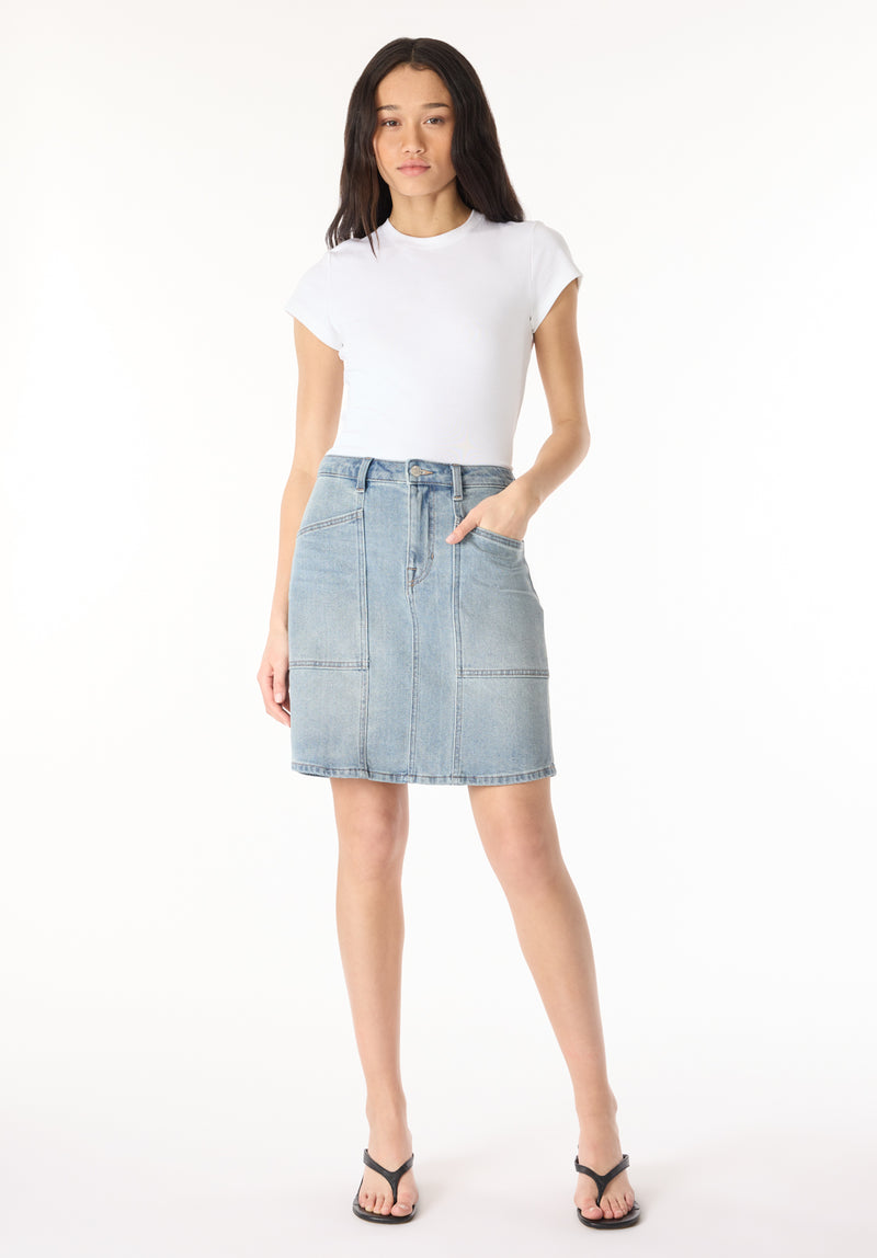 Sophia Women's High Waist Mid Length Denim Skirt, Contrasted Blue