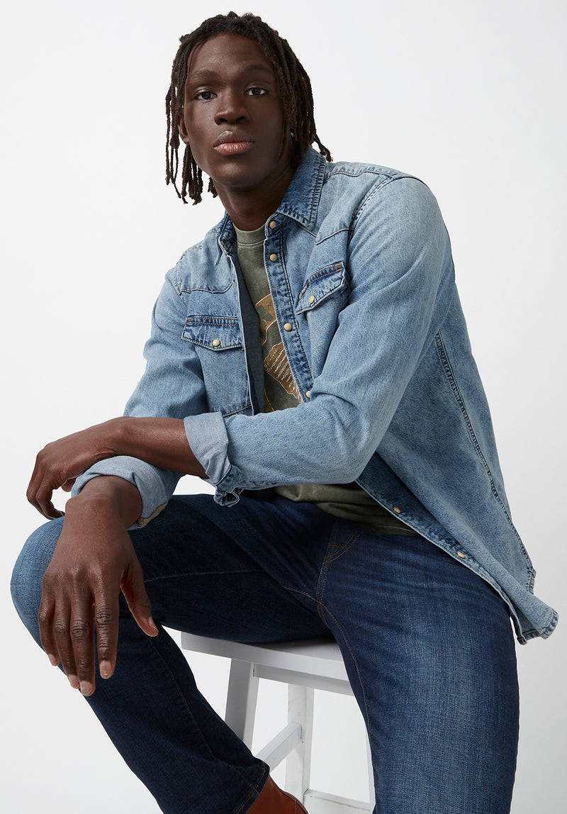 Sheldon Men's Long-Sleeve Shirt in Light Denim Blue Buffalo Jeans Sheldon Men's Long-Sleeve Shirt in Light Denim Blue Buffalo Jeans