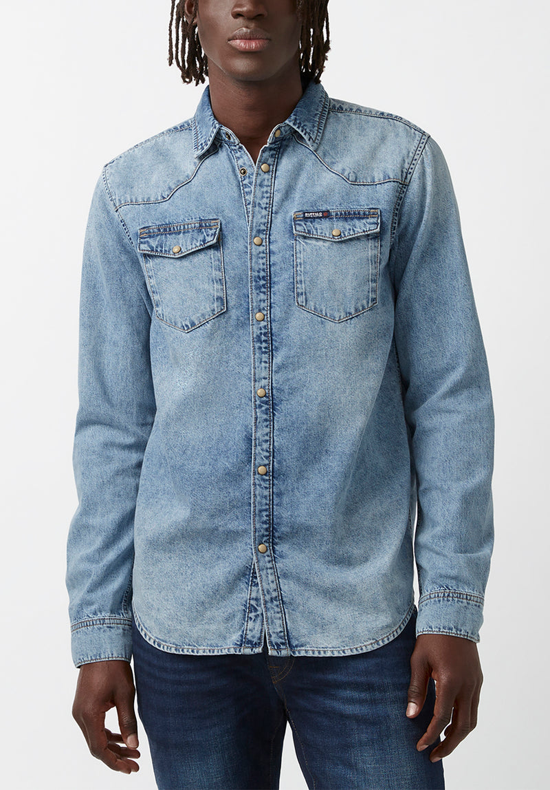 Sheldon Men's Long-Sleeve Shirt in Light Denim Blue Buffalo Jeans Sheldon Men's Long-Sleeve Shirt in Light Denim Blue Buffalo Jeans