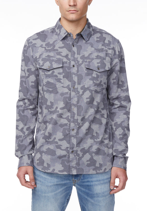 Buffalo David Bitton Sagat Bleached Blue Camouflage Shirt   - BM24030 Color MIRAGE