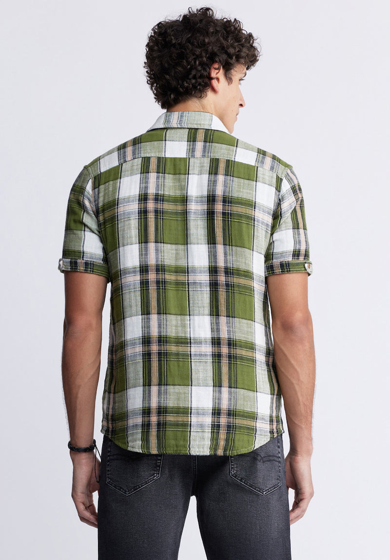 Buffalo David Bitton Sachino Men's Short Sleeve Plaid Shirt in Moss Green - BM24277 Color SPHAGNUM