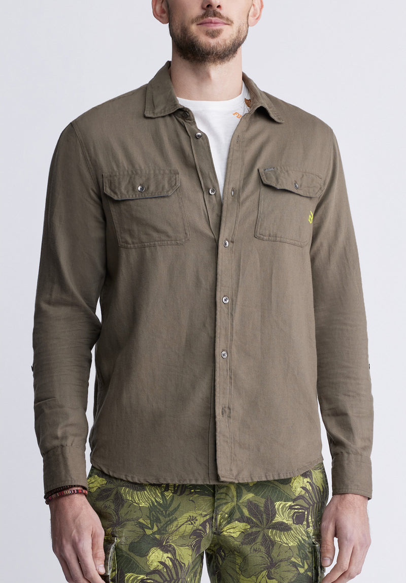 Buffalo David Bitton Sadaat Men's Long Sleeve Utility Shirt in Sphagnum Green - BM24278 Color SPHAGNUM
