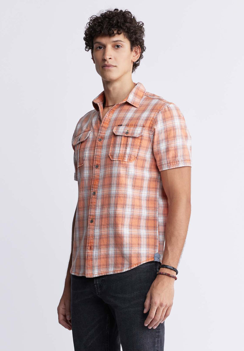 Buffalo David Bitton Sazid Men's Short Sleeve Plaid Shirt in Tangerine - BM24281 Color TANGERINE