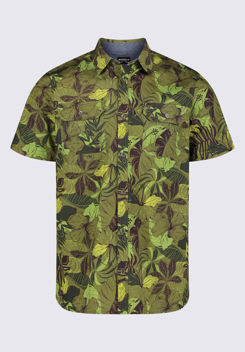 Buffalo David Bitton Sayool Men’s Woven Short Sleeve Shirt in Leaf Print, Moss Green - BM24282 Color 