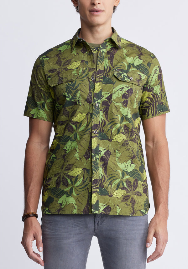 Buffalo David Bitton Sayool Men’s Woven Short Sleeve Shirt in Leaf Print, Moss Green - BM24282 Color SPHAGNUM