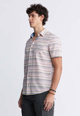 Buffalo David Bitton Sotaro Men's Short Sleeve Striped Shirt in Peach Sunset - BM24301 Color SUNSET PURPLE