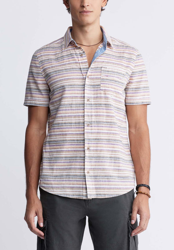 Buffalo David Bitton Sotaro Men's Short Sleeve Striped Shirt in Peach Sunset - BM24301 Color SUNSET PURPLE
