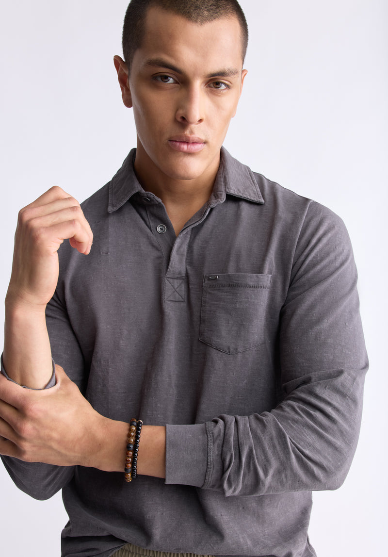 Men's Kimmy Long Sleeve Pocket Polo Shirt - Charcoal - Size M Men's Kimmy Long Sleeve Pocket Polo Shirt - Charcoal - Size M