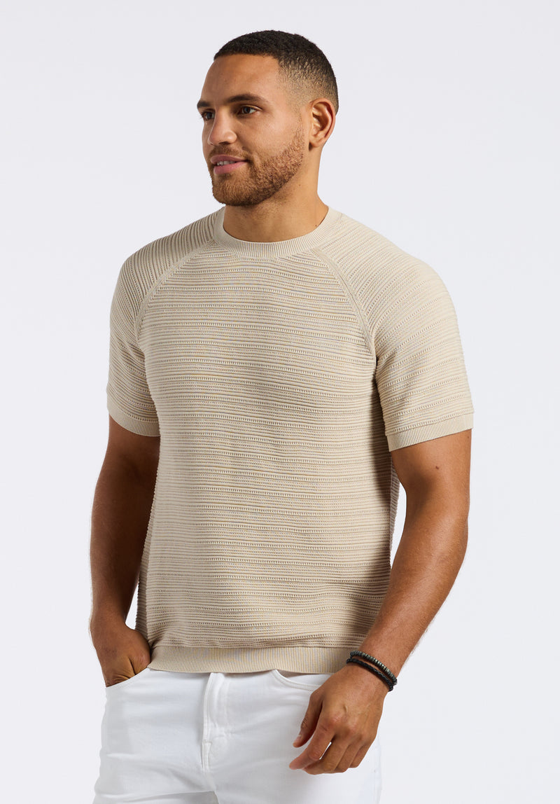 トップス suzuki takayuki knitted t-shirt beige Wipped Men's Short Sleeve Textured Knit Sweater, Buttercream