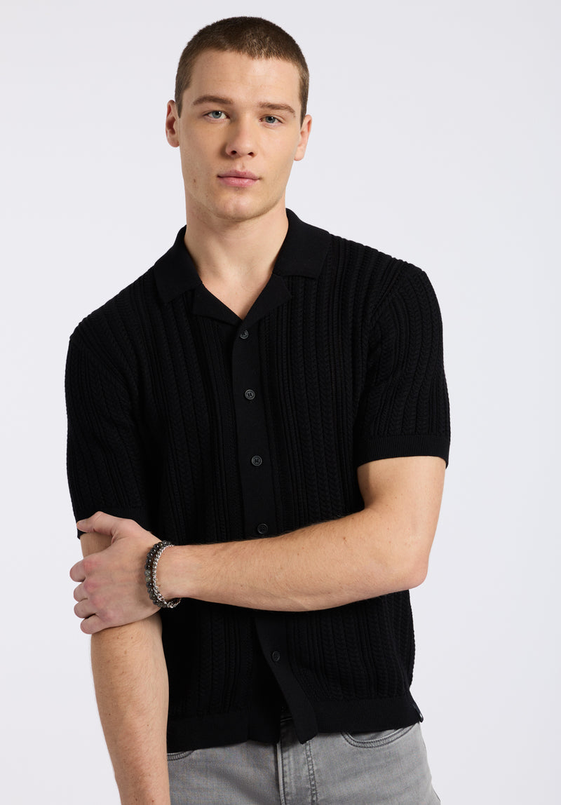 Wasko Men's Cable-Knit Short-Sleeve Button-Up Polo, Black - BM24540 Wasko Men's Cable-Knit Short-Sleeve Button-Up Polo, Black - BM24540