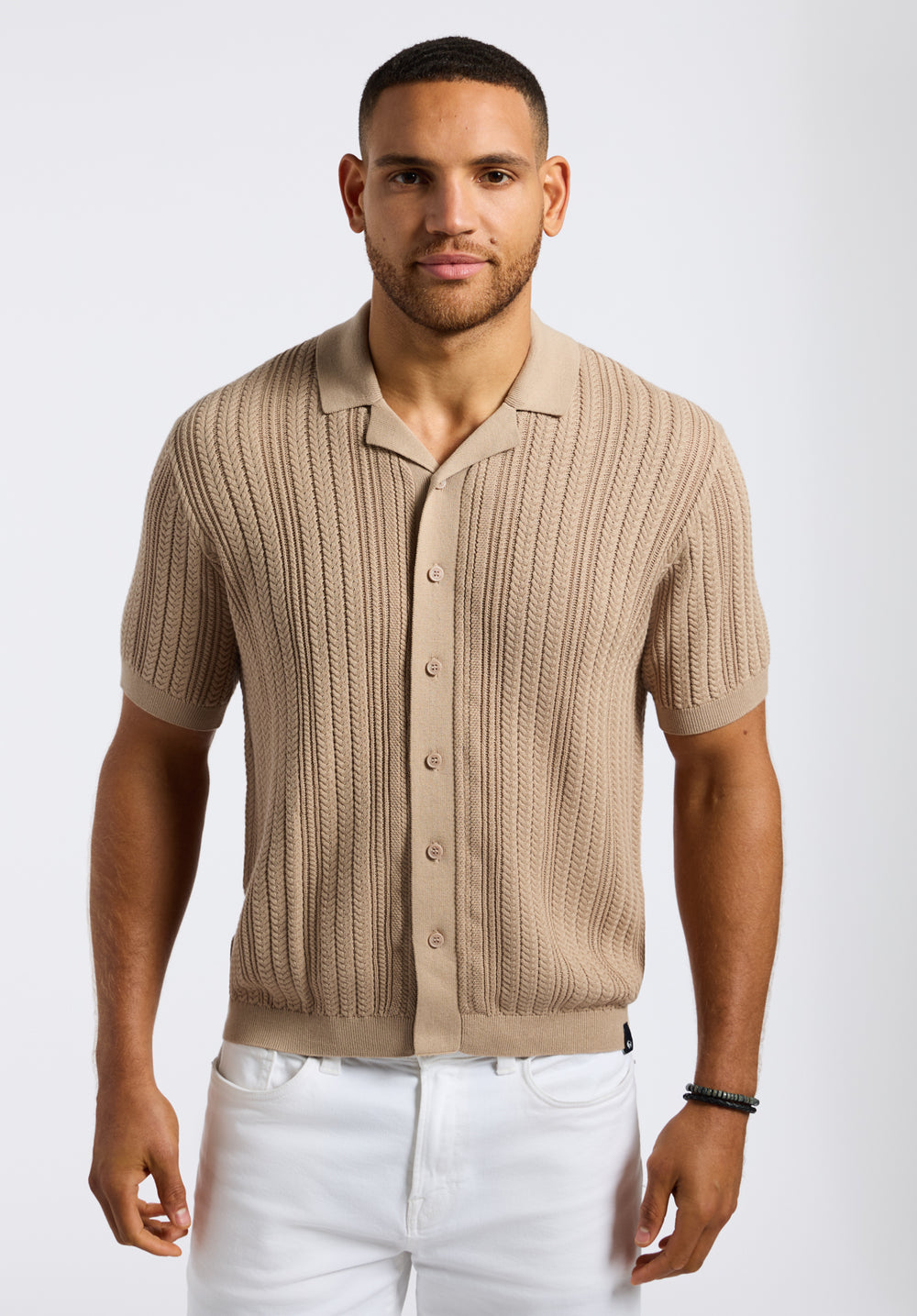 Wasko Men's Cable-Knit Short-Sleeve Button-Up Polo, Tuffet Beige