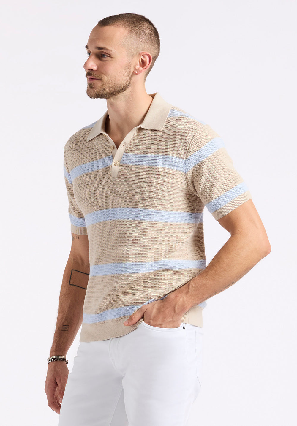 Winder Men's Short-Sleeve Striped Sweater Polo, Peyote Beige