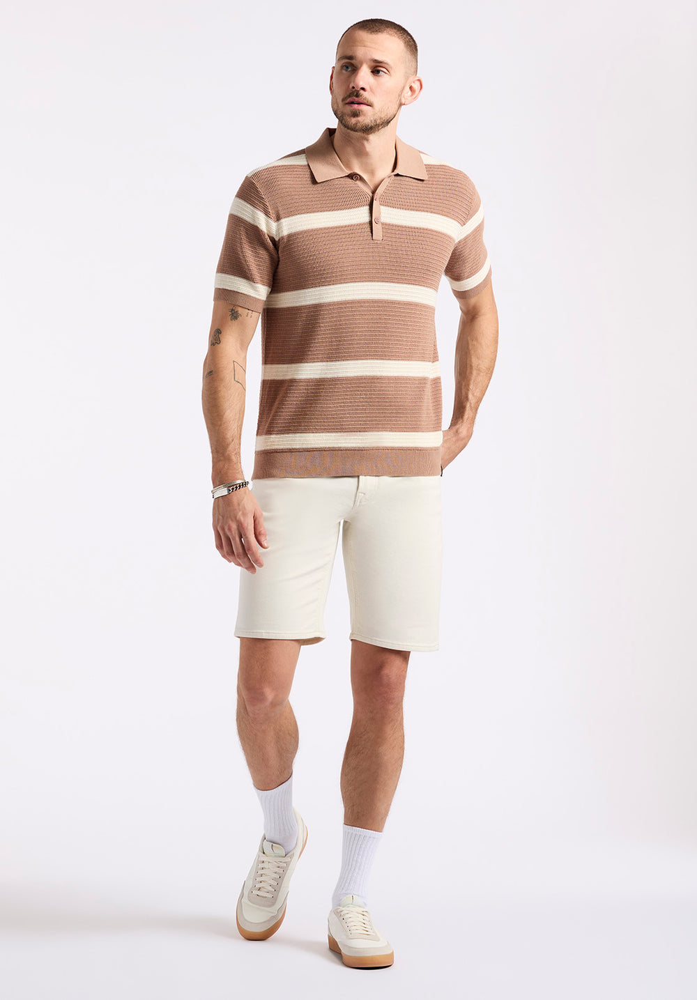 Winder Men's Short-Sleeve Striped Sweater Polo, Woodsmoke Brown