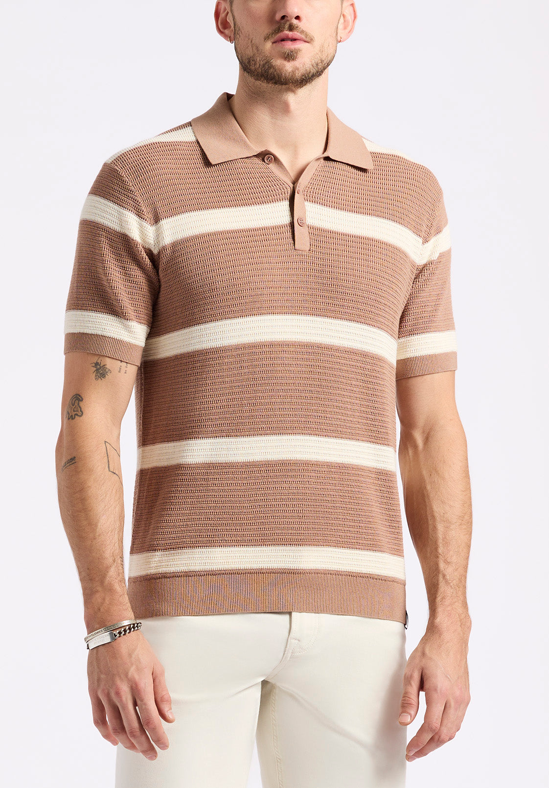 Perfect Short Sleeve Striped Sweater - Beige/Taupe