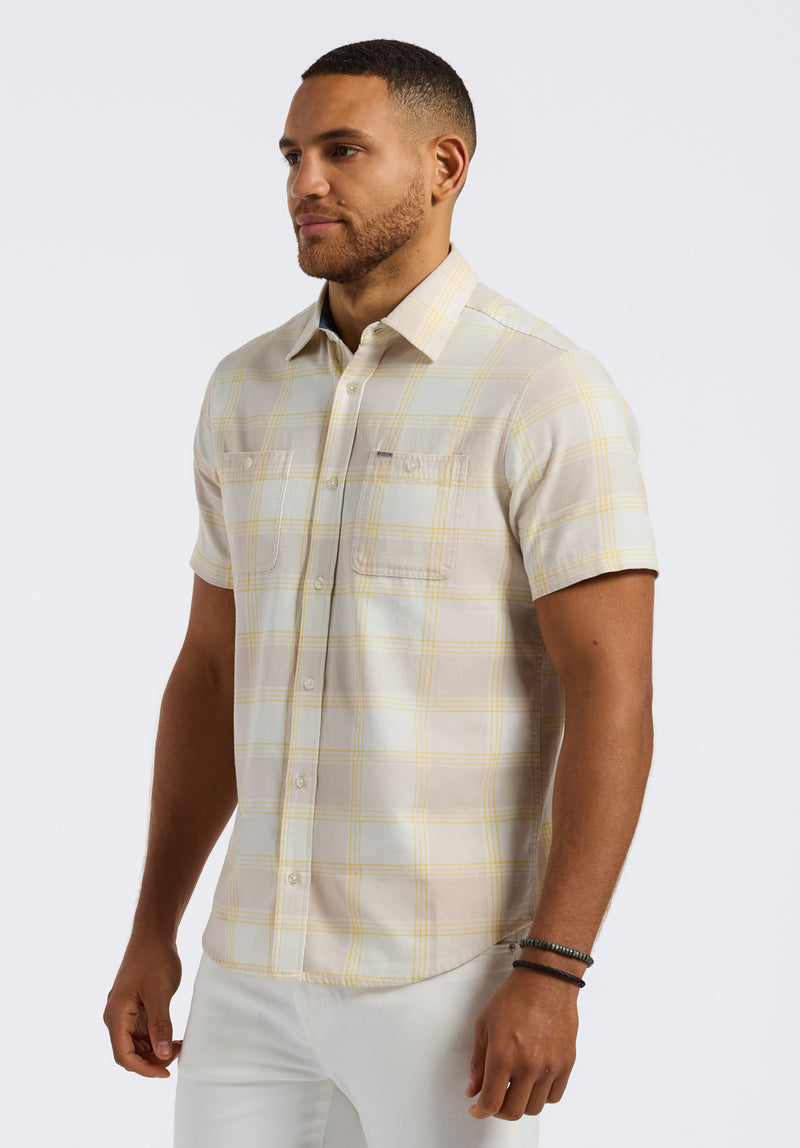 Sagrino Men's Short-Sleeve Plaid Button-Up Fitted Shirt with Chest Pockets, Milk – Buffalo Jeans