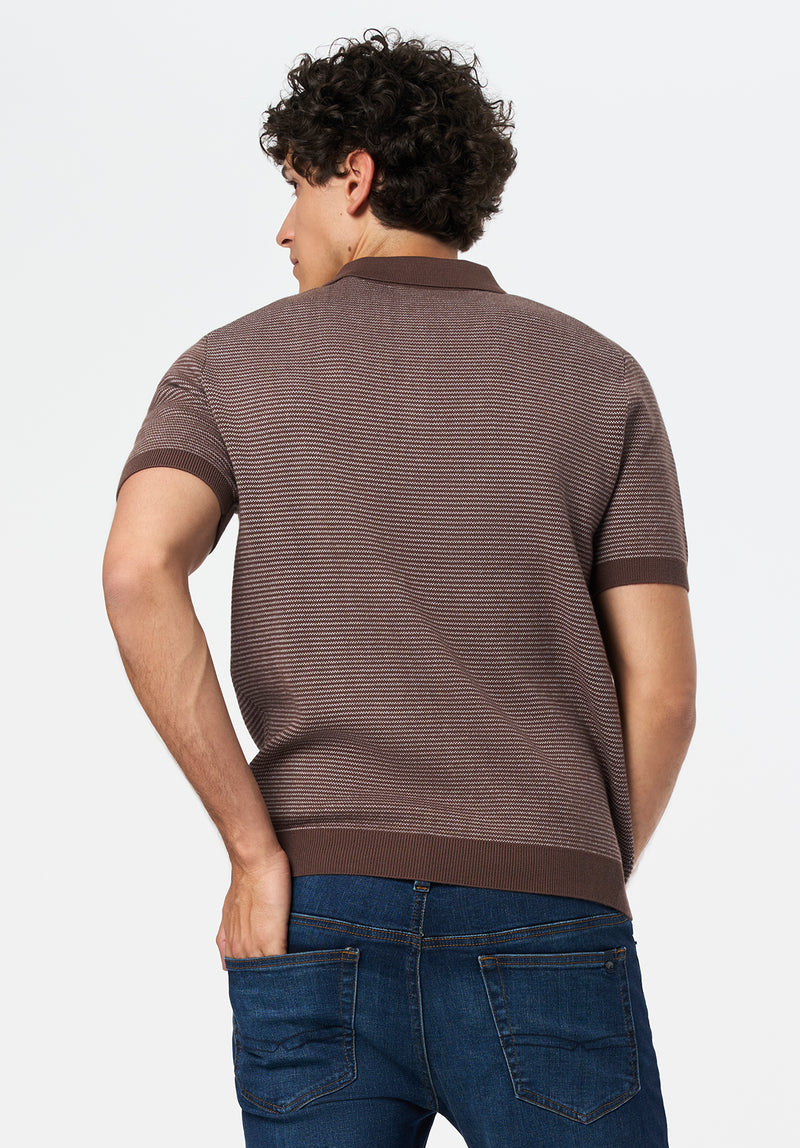Walbert Men's Short-Sleeve Striped Sweater Polo, CHOCOLATE BROWN