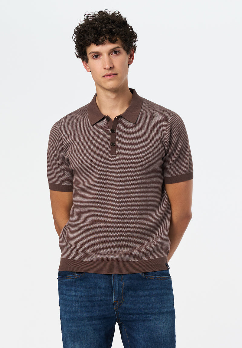 Walbert Men's Short-Sleeve Striped Sweater Polo, CHOCOLATE BROWN