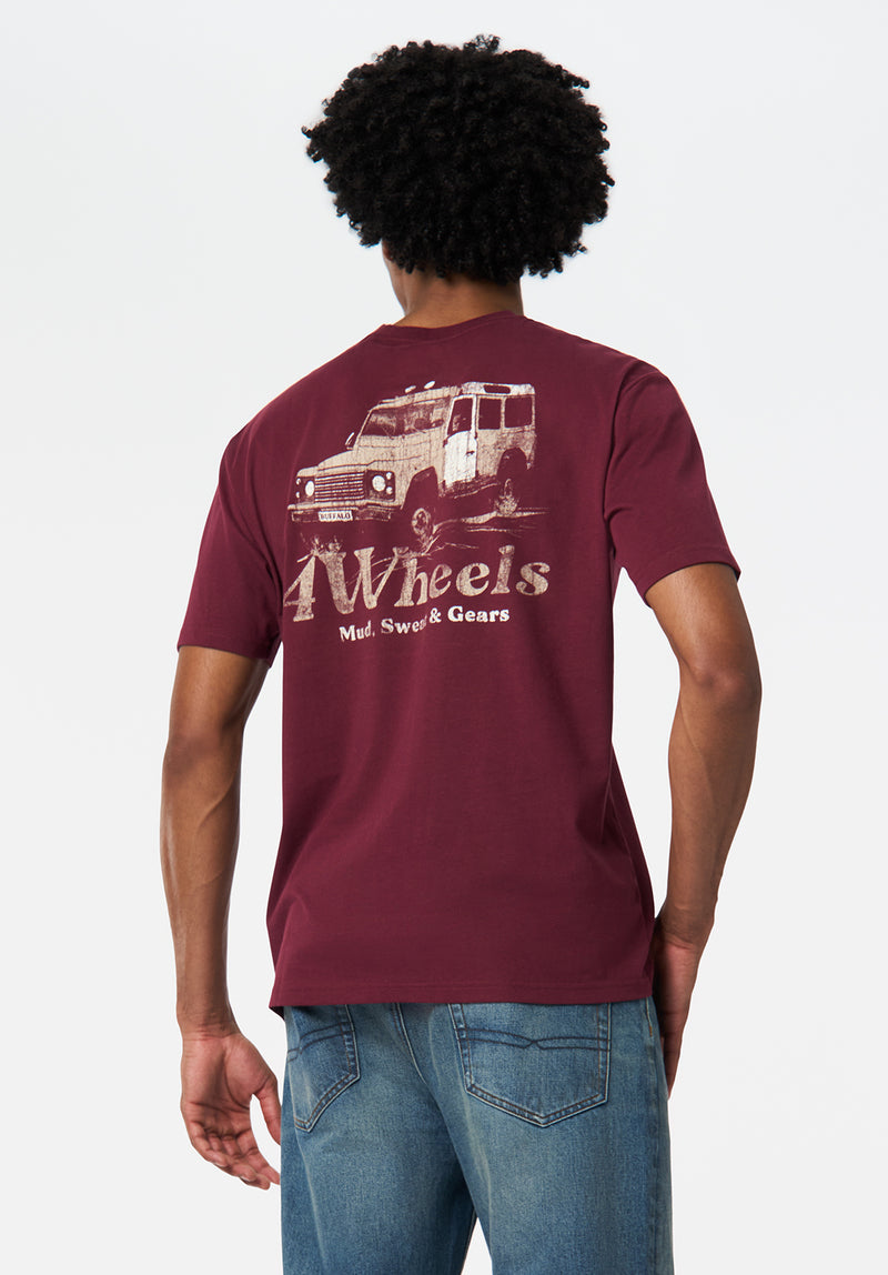 Tymon Men's Graphic T-Shirt with 4Wheels Print, MAROON