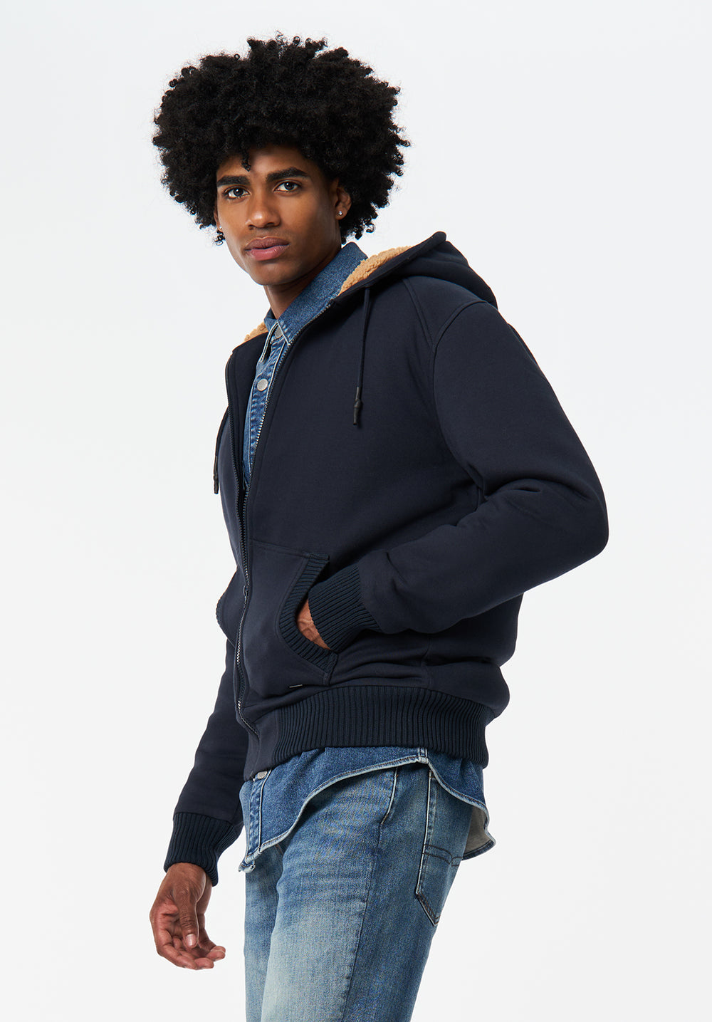 Fasox Men's Relaxed Full-Zip Hooded Jacket with Sherpa Lining