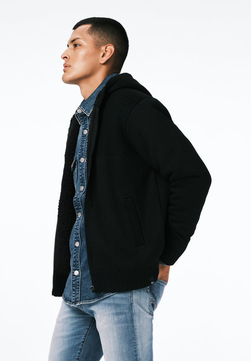Walmick Men's Full-Zip Knit Hooded Jacket with Sherpa Lining