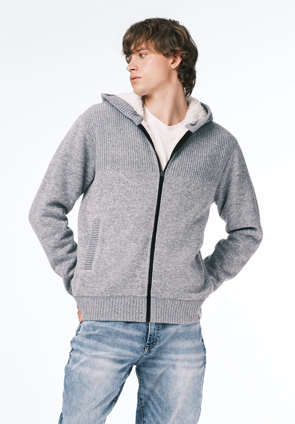 Walmick Men's Sherpa Lined Full-Zip Sweater Hoodie, Heather Grey