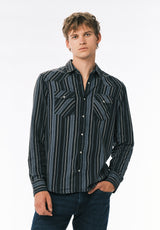 Sierra Men’s Striped Western Long-Sleeve Shirt, Midnight Blue - BM24751