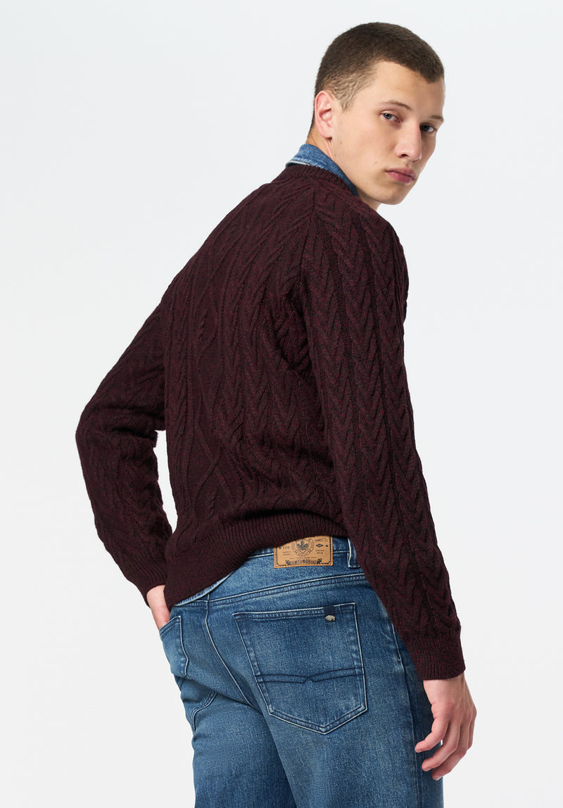 Walder Men's Relaxed Cable Knit Sweater color MAROON BANNER