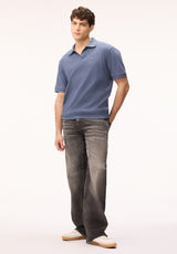 Buffalo Men Tops Blue Knit Knit Short Sleeve Textured Knit Open Collar