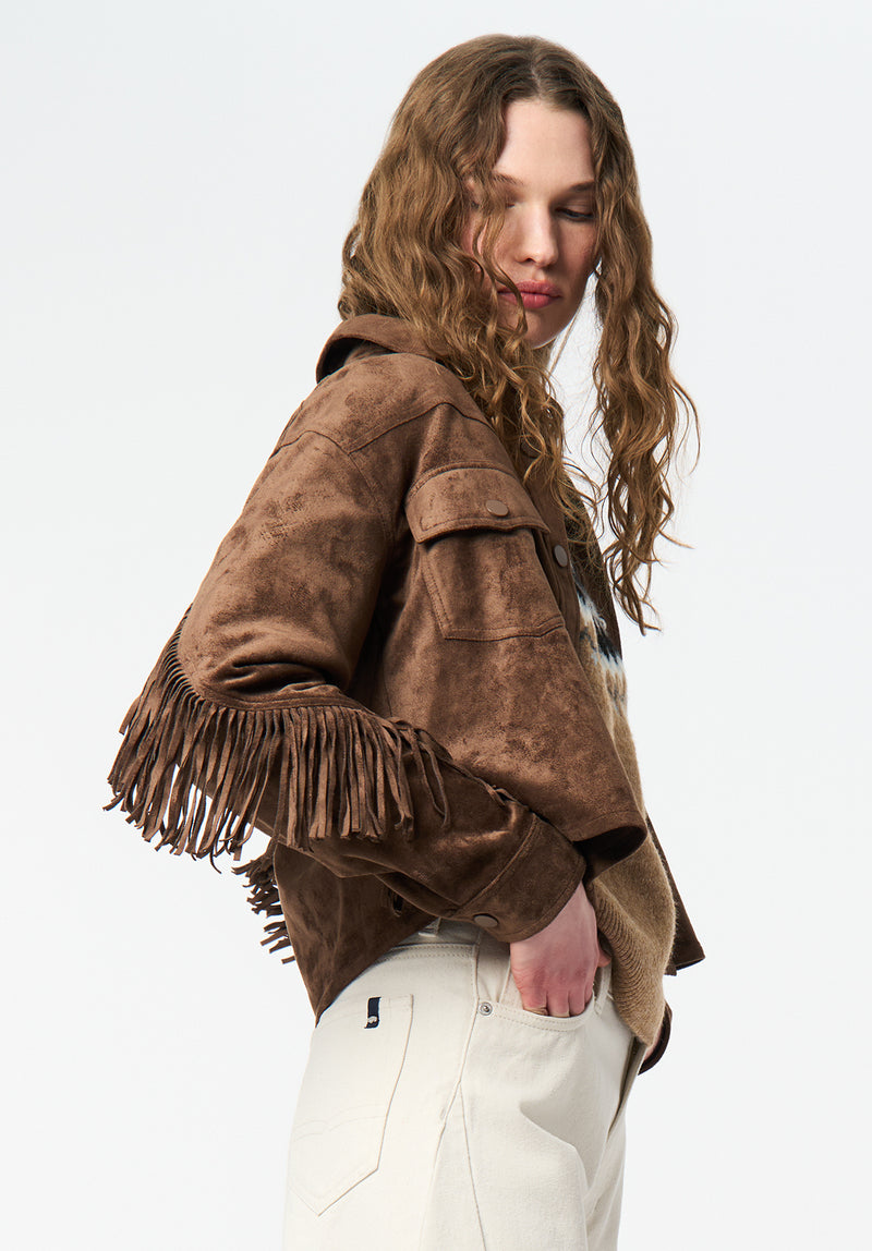 Bibi Women's Faux Suede Cropped Fringe Jacket, Caramel – Buffalo Jeans