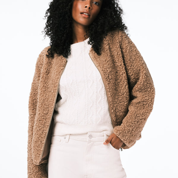 Gwynne Women's Plush Faux Shearling Teddy Zip Jacket, Biscotti
