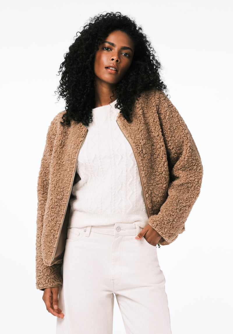 Gwynne Women's Plush Faux-Shearling Teddy Zip Jacket, BISCOTTI