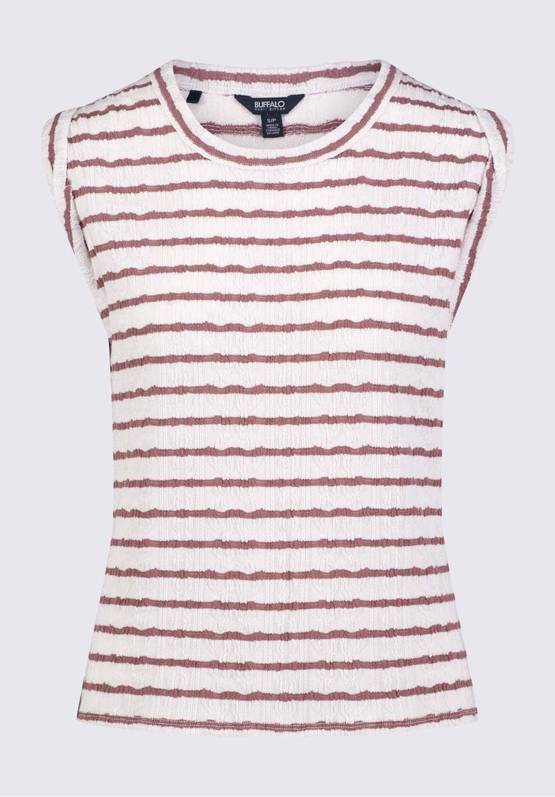 Elayne Women’s Striped Knit Tank Top in White & Tan - KT0126P