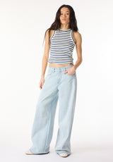 Regine Women's Ribbed Striped Tank Top, White & Navy - KT0175P