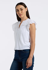 Buffalo Women Tops White Knit Tees Short Sleeve V-Neckline Embroidered